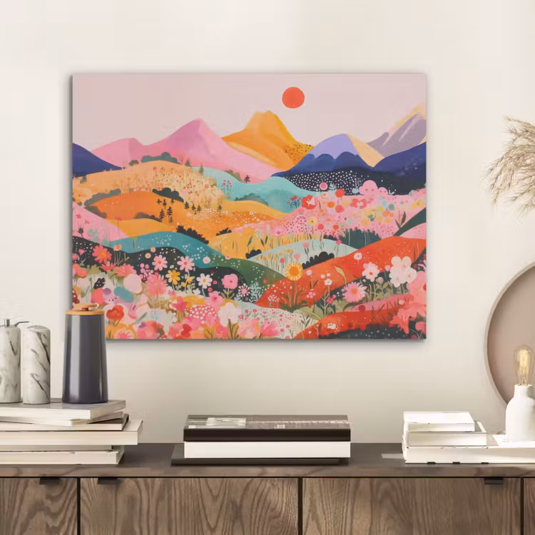 Kleurrijke bloemen - Bergen - Fantasielandschap PET vilt klein -sfeer1