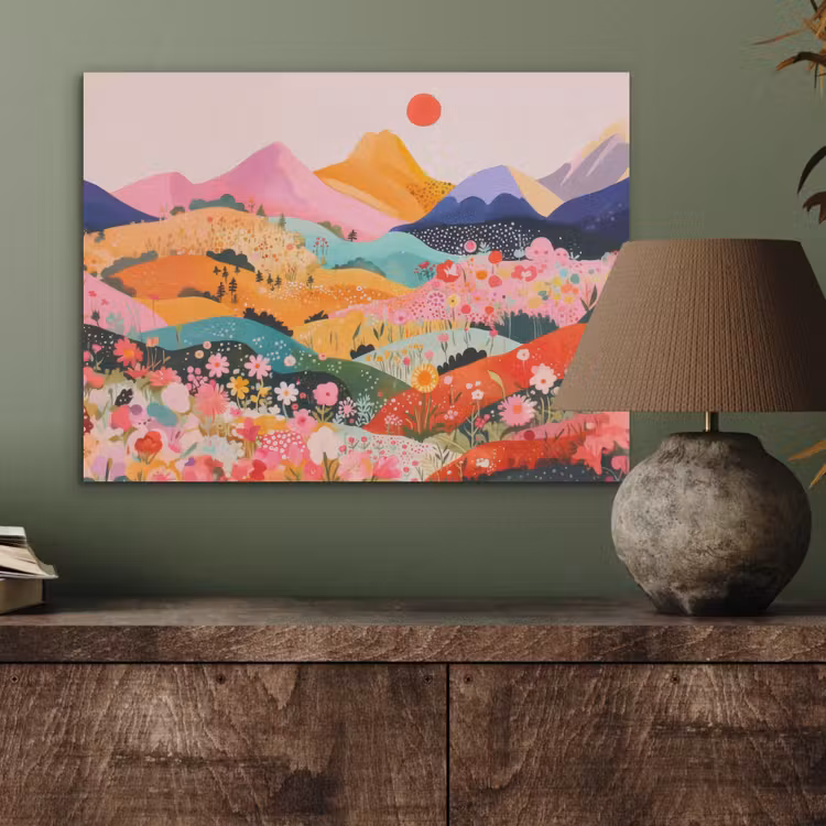 Kleurrijke bloemen - Bergen - Fantasielandschap PET vilt klein -sfeer2