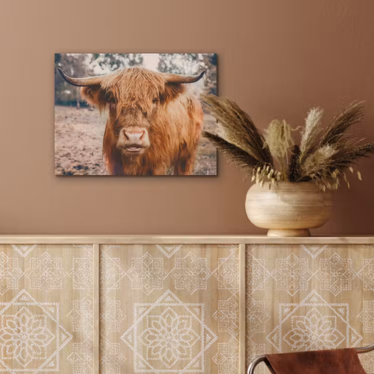 Koe- Schotse hooglander - Hoorns - Bruin - Landschap PET vilt klein -sfeer4