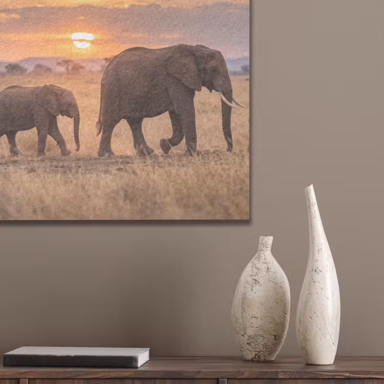 Olifanten - Savanne - Zonsondergang - Afrika - Warm PET vilt klein -sfeer6_closeup