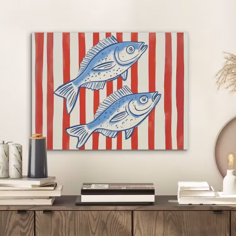 Vissen - Verticale strepen - Blauw - Rood PET vilt klein -sfeer1