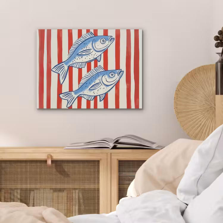 Vissen - Verticale strepen - Blauw - Rood PET vilt klein -sfeer3