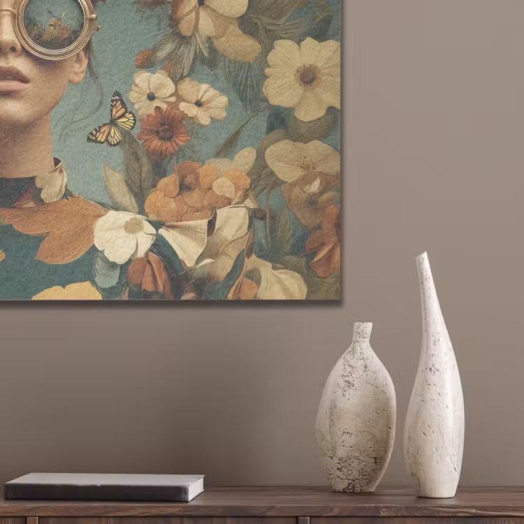 Bloemenkrans - Vrouwengezicht - Zonnebril - Oranje PET vilt middel -sfeer6_closeup