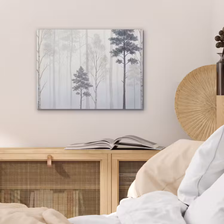 Bos - Bomen - Mist - Natuur - Illustratie - Grijs PET vilt klein -sfeer3