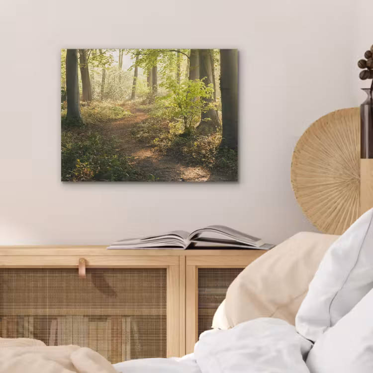 Bos - Bomen - Pad - Zon - Planten - Bladeren - Natuur PET vilt klein -sfeer3