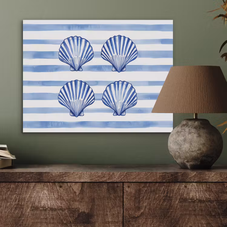 Vier schelpen - Blauw - Wit - Strepen PET vilt klein -sfeer2