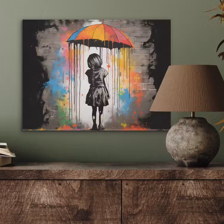 Meisje - Kunst - Paraplu - Graffiti - Kleuren - Muur PET vilt klein -sfeer2