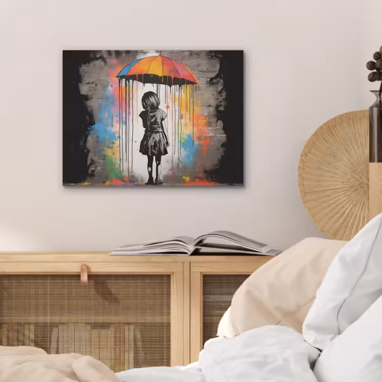 Meisje - Kunst - Paraplu - Graffiti - Kleuren - Muur PET vilt klein -sfeer3