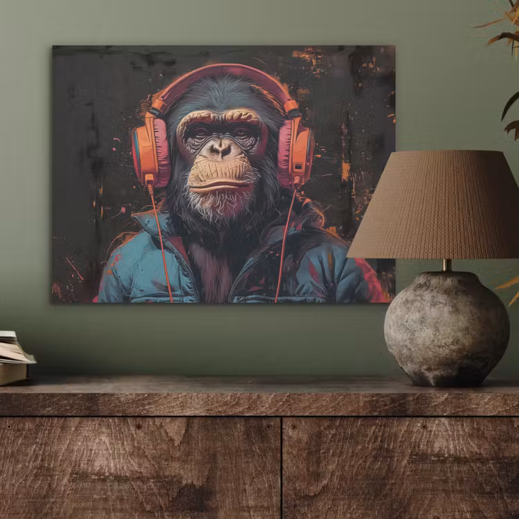 Graffiti - Chimpansee - Koptelefoon - Aap PET vilt klein -sfeer2