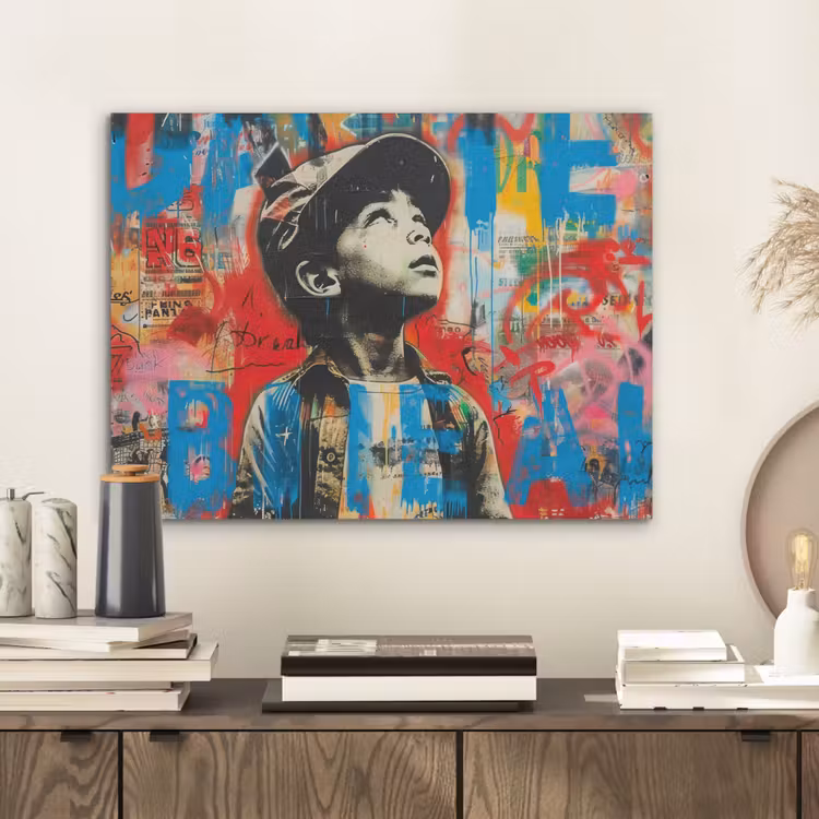 Graffiti - Vintage - Jongen - Street art - Neon - Banksy PET vilt klein -sfeer1