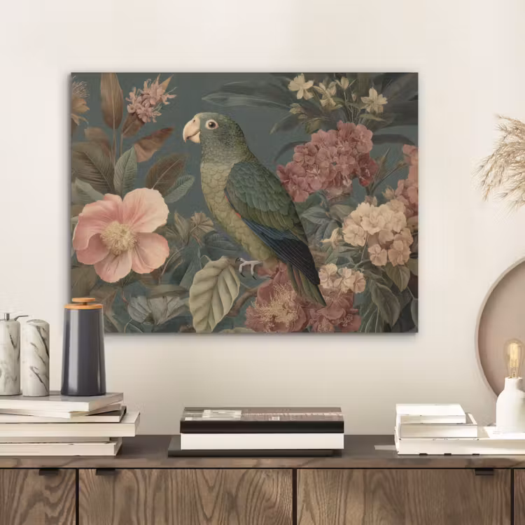 Groene papegaai - Kleurrijke bloemen - Donkere achtergrond PET vilt klein -sfeer1
