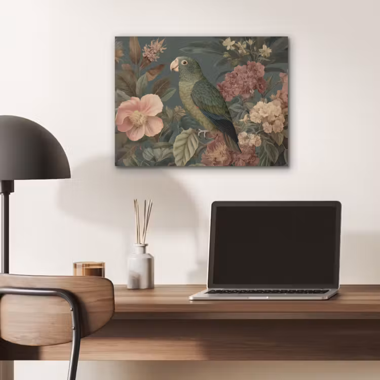 Groene papegaai - Kleurrijke bloemen - Donkere achtergrond PET vilt klein -sfeer5