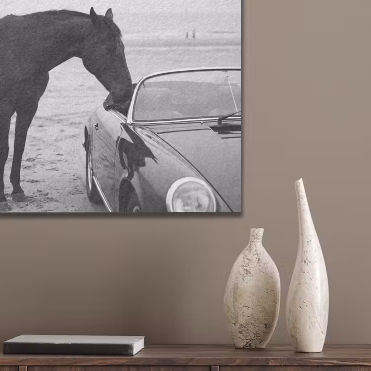 Paard - Auto - Zwart - Wit PET vilt klein -sfeer6_closeup