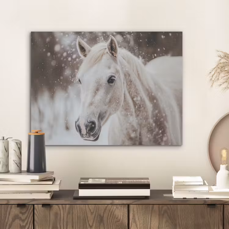 Paard - Wit - Winter - Natuur - Sneeuw - Dieren PET vilt klein -sfeer1