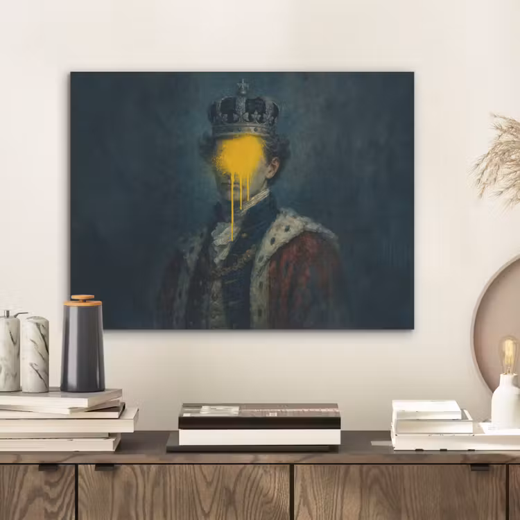 Koning - Portret - Druipende gele verf PET vilt klein -sfeer1