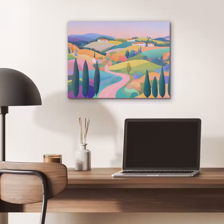 Landschap - Paars - Pastel - Huizen PET vilt klein -sfeer5