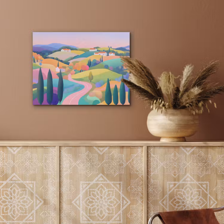 Landschap - Paars - Pastel - Huizen PET vilt klein -sfeer4