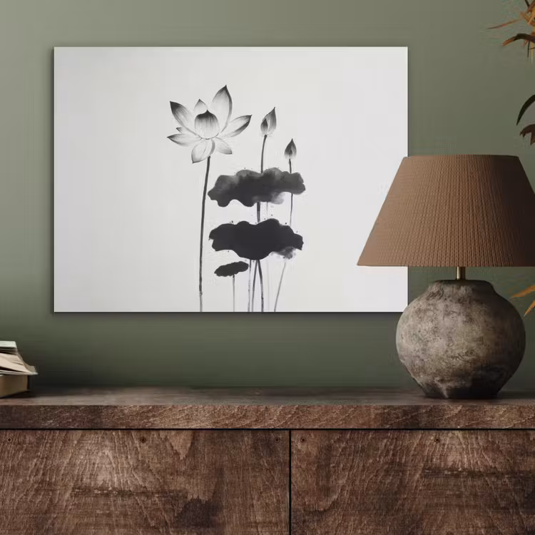 Bladeren - Zwart - Lotusbloem - Minimalitisch PET vilt klein -sfeer2