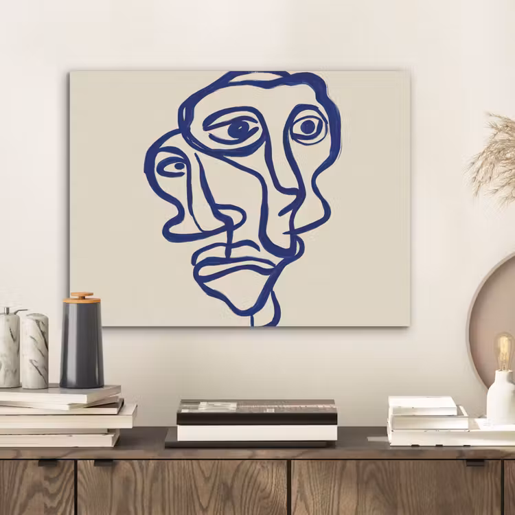 Lijntekening - Overlappende gezichten - Donkerblauw PET vilt klein -sfeer1