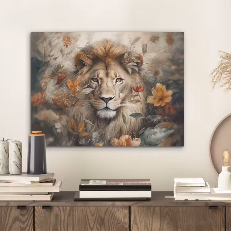 Leeuw - Wilde dieren - Planten - Natuur - Bloemen PET vilt klein -sfeer1