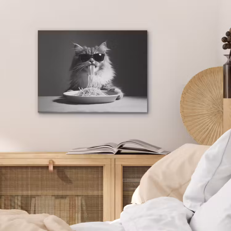 Langharige kat - Zonnebril - Spaghetti - Humor - Zwart - wit PET vilt klein -sfeer3