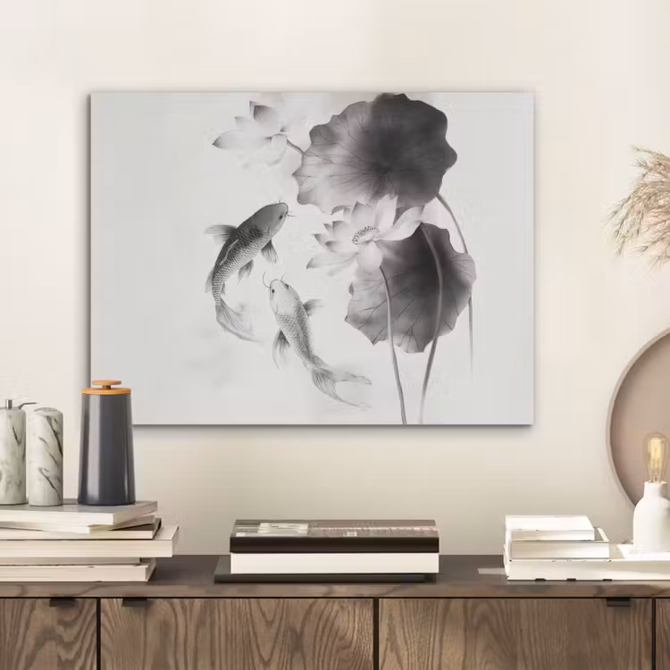 Lotusbloemen - Vissen - Bladeren - Zwart PET vilt klein -sfeer1
