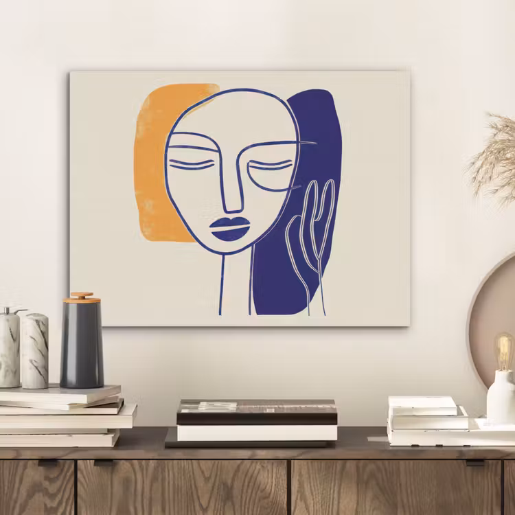 Minimalistisch - Gezicht - Hand - Oranje - Blauw PET vilt klein -sfeer1
