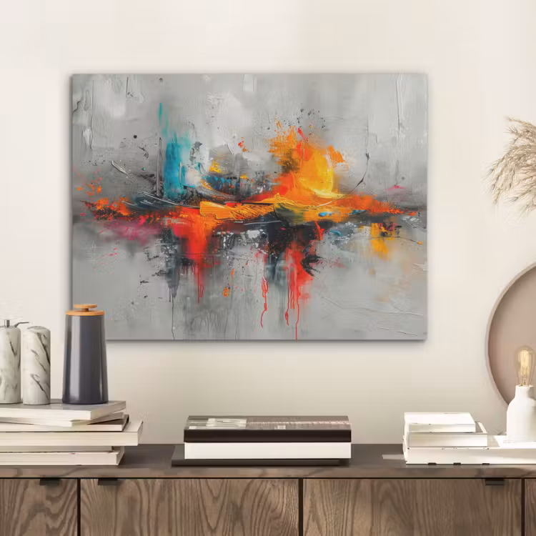 Moderne kunst - Oranje - Grijs - Abstract PET vilt klein -sfeer1