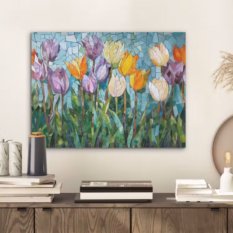 Mozaïek - Veld - Tulpen - Kleurrijk PET vilt klein -sfeer1