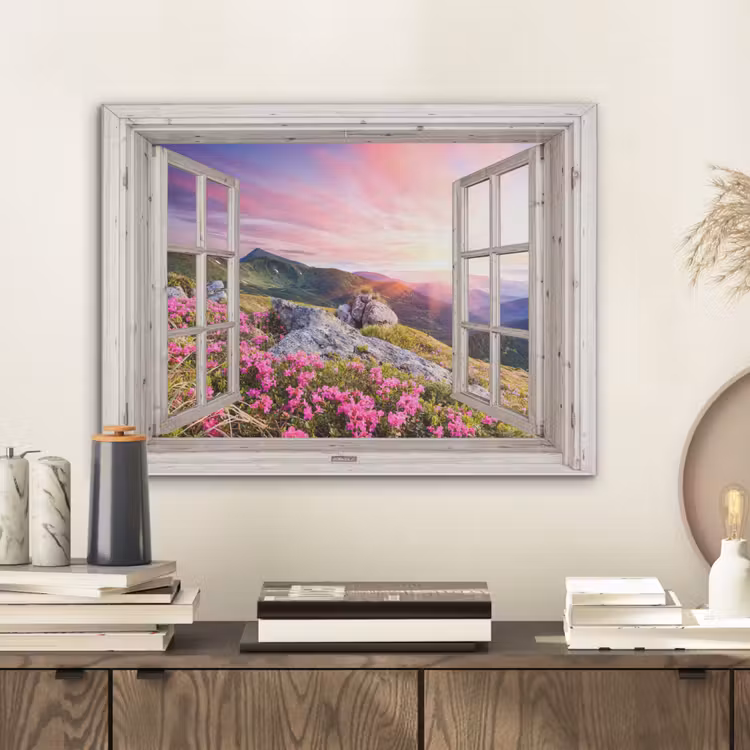 Bergen - Landschap - Doorkijk - Bloemen - Avond - Roze PET vilt klein -sfeer1