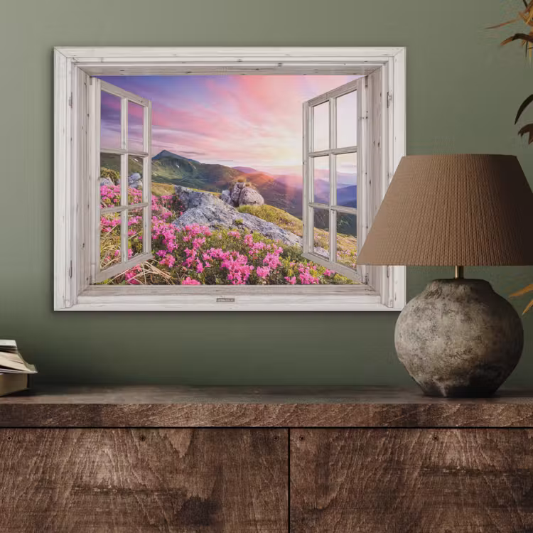 Bergen - Landschap - Doorkijk - Bloemen - Avond - Roze PET vilt klein -sfeer2