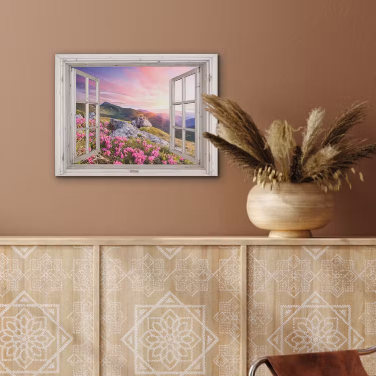 Bergen - Landschap - Doorkijk - Bloemen - Avond - Roze PET vilt klein -sfeer4