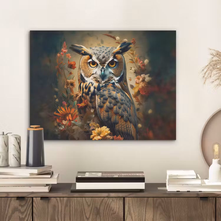 Uil - Vogel - Bloemen - Planten - Botanisch PET vilt klein -sfeer1