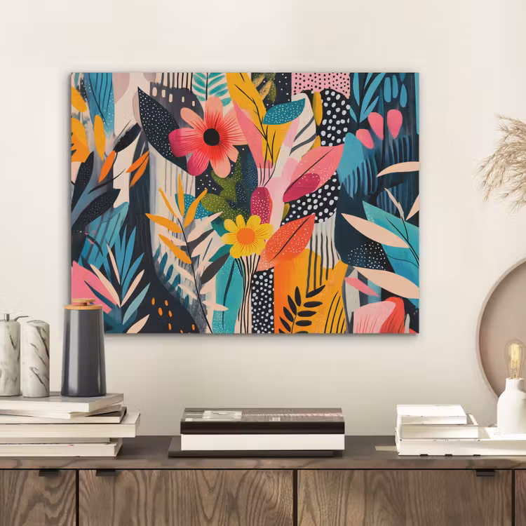 Schilderij - Abstract - Bloemen - Roze PET vilt klein -sfeer1