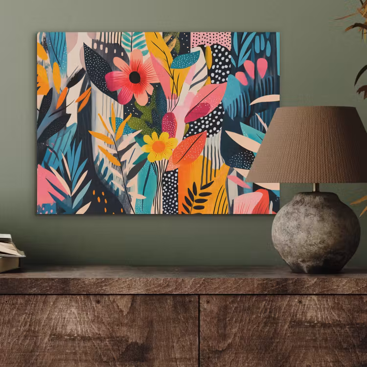 Schilderij - Abstract - Bloemen - Roze PET vilt klein -sfeer2