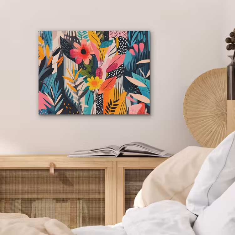 Schilderij - Abstract - Bloemen - Roze PET vilt klein -sfeer3