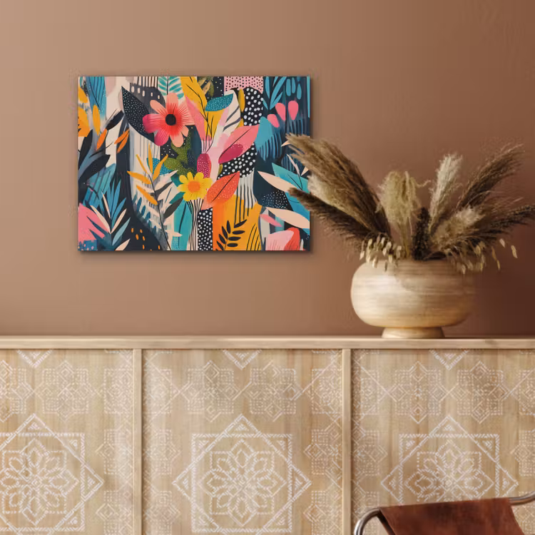 Schilderij - Abstract - Bloemen - Roze PET vilt klein -sfeer4