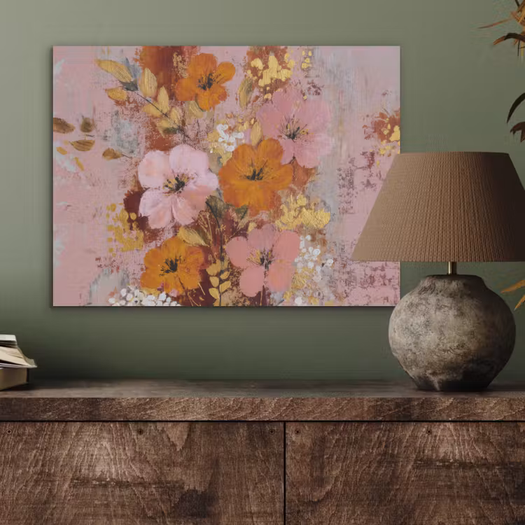 Schilderij - Bloemen - Rustiek - Roze PET vilt klein -sfeer2