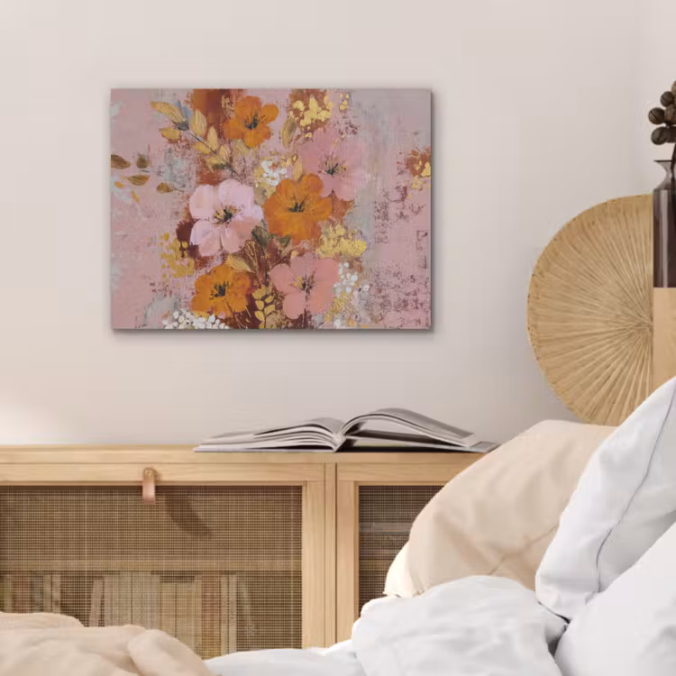 Schilderij - Bloemen - Rustiek - Roze PET vilt klein -sfeer3
