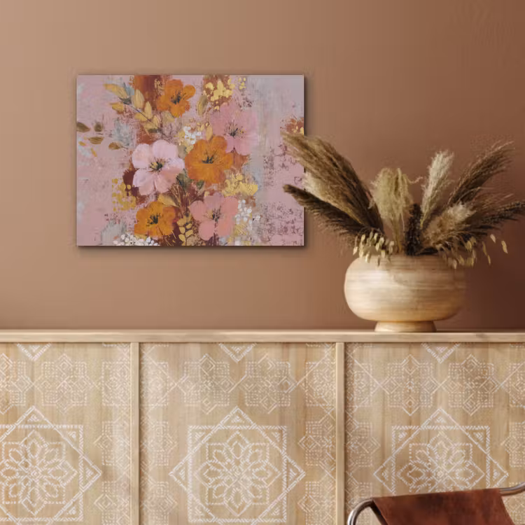 Schilderij - Bloemen - Rustiek - Roze PET vilt klein -sfeer4
