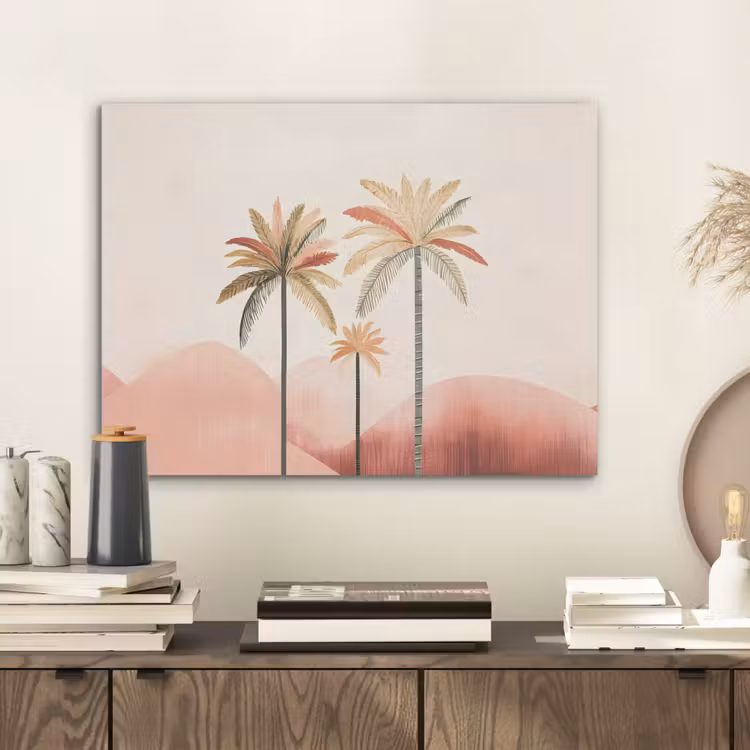 Palmbomen - Heuvels - Minimalistisch - Zachtroze PET vilt klein -sfeer1