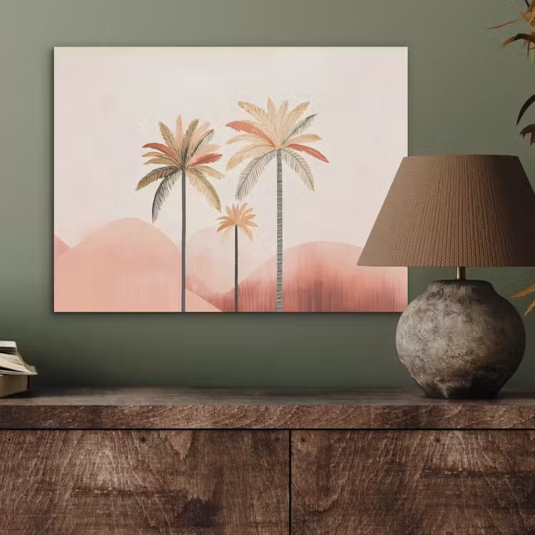 Palmbomen - Heuvels - Minimalistisch - Zachtroze PET vilt klein -sfeer2