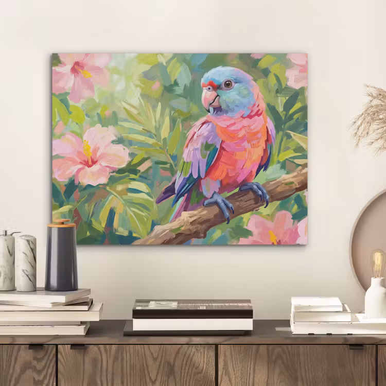 Papagaai - Hibiscusbloemen - Kleurrijk PET vilt klein -sfeer1