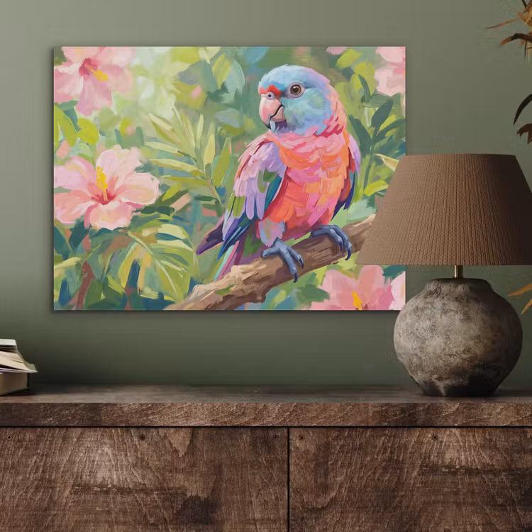 Papagaai - Hibiscusbloemen - Kleurrijk PET vilt klein -sfeer2