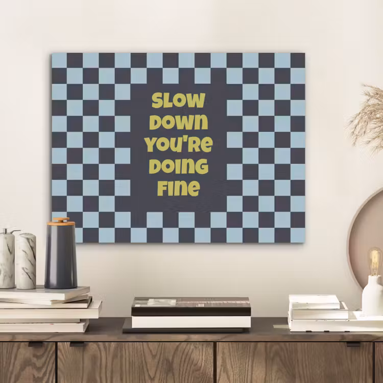 Patroon - Geblok - Blauw - Slow down you're doing fine PET vilt klein -sfeer1