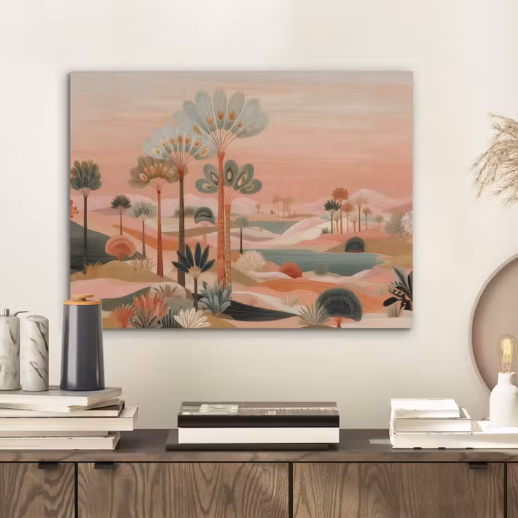 Roze landschap - Palmen - Water PET vilt klein -sfeer1