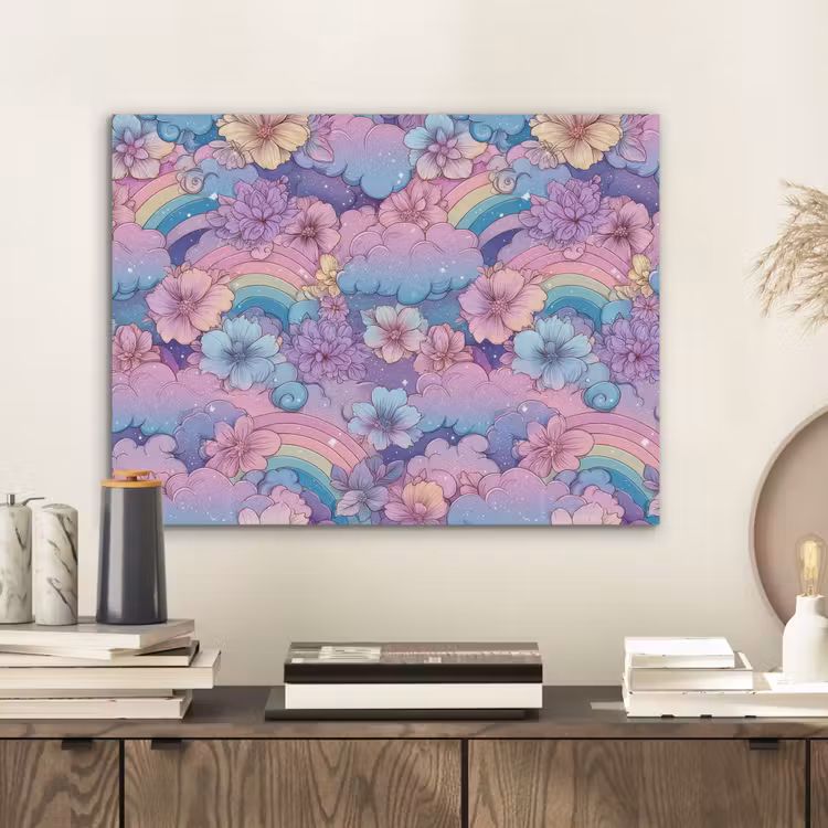 Regenbogen - Bloemen - Kleurrijk - Wolken PET vilt klein -sfeer1