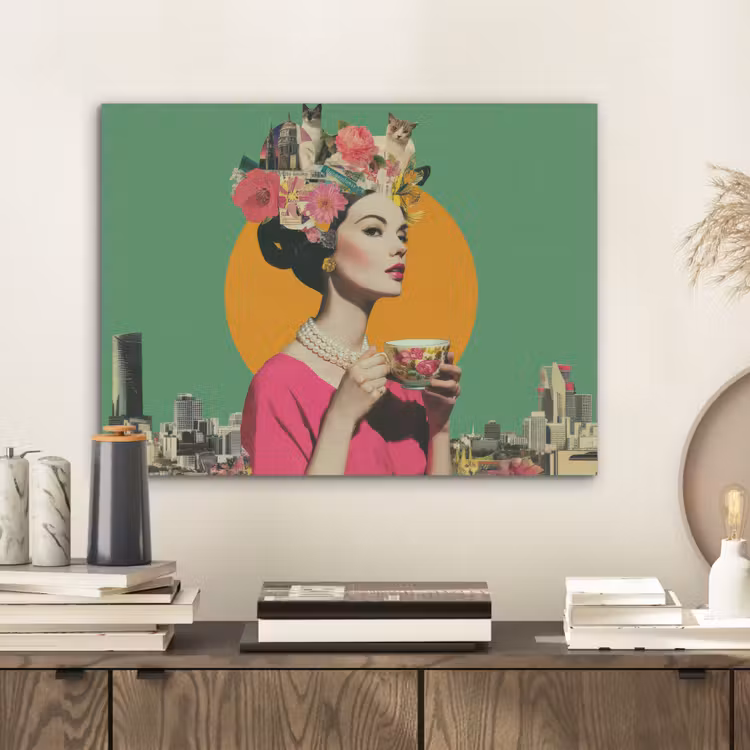 Retro - Vrouw - Stad - Zon PET vilt klein -sfeer1