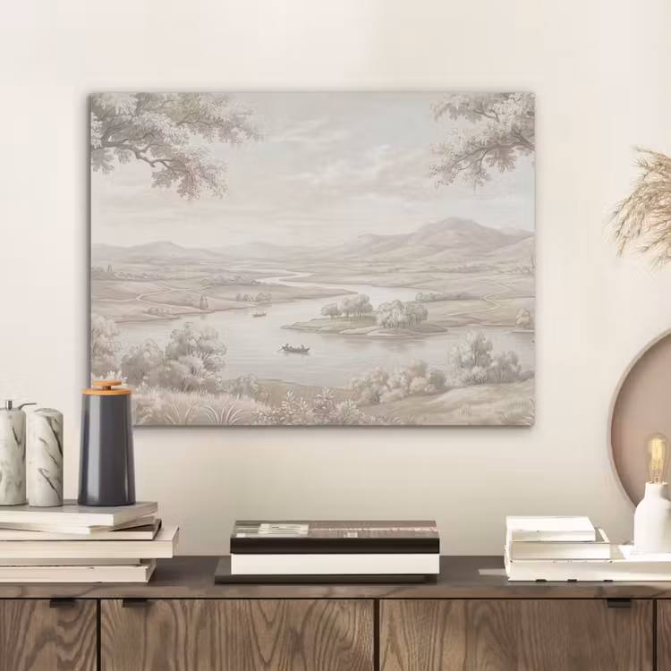 Rivierlandschap - Bergen - Natuur - Vintage - Beige PET vilt klein -sfeer1