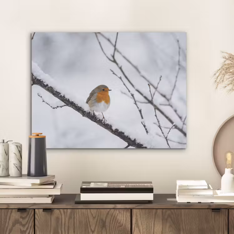 Roodborstje - Tak - Sneeuw - Winter - Levendig PET vilt klein -sfeer1